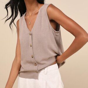 Lulus Casually Sophisticated Brown Linen Sleeveless Button-front Top - Size S